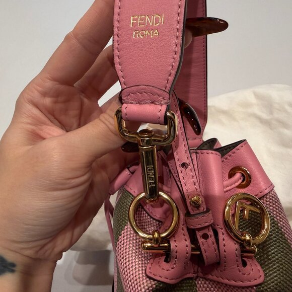 Fendi Mini Mon Tresor Bucket Bag Pequin Raffia w/ Dustbag - Green / Pink - Picture 4 of 10